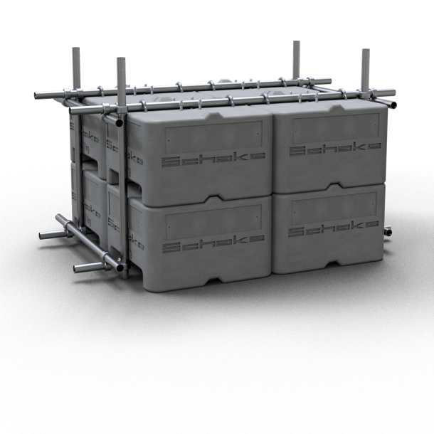 Concrete weight | SETs | SET 5 consisting of: | 8 x concrete setting up device 600 Kg (part-no. 3F120) | 4 x connecting tube for concrete weights (part-no. 34822) | 8 x connecting tube for concrete weights (part-no. 34813) | 16 x standard coupling BB (part-no. 3F120-5)